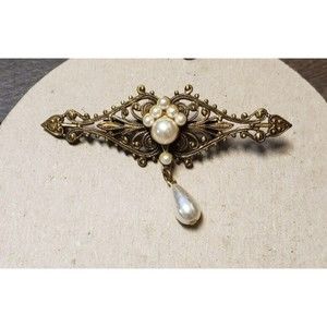 Vintage Victorian Style Filigree & Pearls Pearl Drop Brooch Gilded Brass Metal